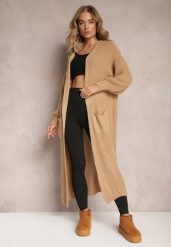 Brązowy Długi Kardigan Oversize Angellona. Brązowe swetry Renee, bez wzorów, bez ramiączek. W wyprzedaży za 79.99 zł.