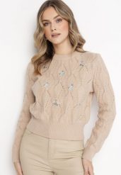 Beżowy Sweter o Klasycznym Kroju z Haftowanymi Kwiatami Chasane. Brązowe swetry Born2be, m, bez wzorów, z bawełny, klasyczne, bez ramiączek. W wyprzedaży za 84.99 zł.