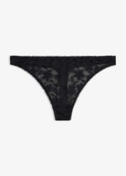 Stringi mini z miękkiego materiału. Czarne stringi bonprix, bez wzorów. Za 34.99 zł.