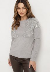 Jasnoszary Sweter z Bawełną Ozdobiony Cekinami Leanelwen. Szare swetry Born2be, l, z aplikacjami, z bawełny, eleganckie, bez ramiączek. W wyprzedaży za 84.99 zł.