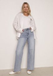 Niebieskie Jeansy Szerokie z Wysokim Stanem Ozdobione Przeszyciami Aikaea. Niebieskie jeansy Born2be, bez wzorów, z jeansu, eleganckie, z podwyższonym stanem. Za 129.99 zł.