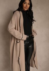 Beżowy Niezapinany Kardigan o Długim Kroju z Lamówką Venisse. Brązowe swetry Renee, bez wzorów, z jeansu, klasyczne, bez ramiączek. Za 129.99 zł.