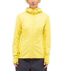 Damska Bluza Górska Mid Layer Lekka z Kapturem L.I.M Mid Fast II. Żółte bluzy Haglöfs, l, bez wzorów, z dzianiny, bez ramiączek, z kapturem. Za 299.00 zł.