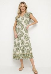 Zielona Koszulowa Sukienka z Wiskozą i Geometrycznym Wzorem Siledia. Zielone sukienki Born2be, na co dzień, l, bez wzorów, z jeansu, eleganckie, bez kołnierzyka, bez ramiączek, midi, koszulowe. Za 119.99 zł.
