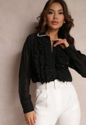 Czarna Koszula z Ozdobnym Kołnierzem i Falbanami Chet. Czarne koszule Renee, m, bez wzorów, eleganckie, bez kołnierzyka, bez ramiączek. W wyprzedaży za 127.99 zł.