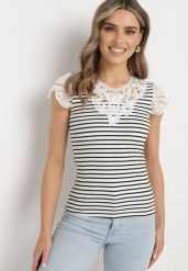 Biało-Czarny T-shirt z Bawełny z Koronką przy Dekolcie i Rękawach Alilama. Białe t-shirty Born2be, m, bez wzorów, z bawełny, bez kołnierzyka, bez ramiączek. Za 69.99 zł.