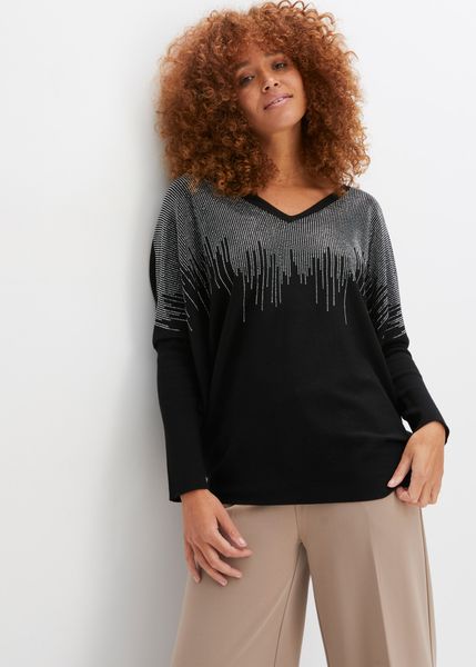 Cienki sweter z aplikacją ze sztrasów. Szare swetry bonprix, z aplikacjami, bez ramiączek. Za 169.99 zł.