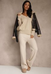 Jasnobeżowe Szerokie Spodnie z Wełną High Waist z Prążkowanego Materiału Reinna. Brązowe spodnie materiałowe Renee, bez wzorów, z jeansu, casualowe, z podwyższonym stanem. Za 69.99 zł.