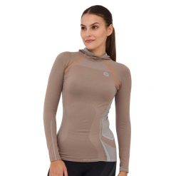 Bluza damska z kapturem Brubeck FITNESS. Brązowe bluzy Brubeck, bez wzorów, z elastanu, eleganckie, bez ramiączek, z kapturem. W wyprzedaży za 67.99 zł.