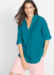 Bluzka lniana, rękawy 3/4. Niebieskie bluzki bonprix, bez wzorów, bez kołnierzyka, bez ramiączek. Za 144.99 zł.