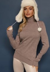 Beżowy Klasyczny Golf ze Ściągaczami przy Rękawach Felinia. Brązowe swetry Renee, m, z aplikacjami, z jeansu, biznesowe, bez ramiączek. W wyprzedaży za 63.99 zł.