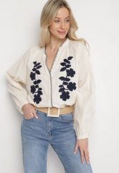 Beżowa Bawełniana Koszula Oversize z Kwiatowym Haftem Lorvesa. Brązowe koszule Born2be, l, bez wzorów, z bawełny, eleganckie, bez kołnierzyka, bez ramiączek. Za 129.99 zł.