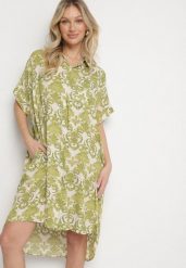 Ciemnozielona Pudełkowa Sukienka Koszulowa z Wiskozy w Ornamentalny Print Vanisse. Zielone sukienki Born2be, na co dzień, l, bez wzorów, z wiskozy, bez kołnierzyka, bez ramiączek, mini, koszulowe. Za 69.99 zł.