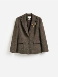 Marynarka z broszkami - ciemnobrązowy. Brązowe marynarki i żakiety Reserved, l, bez wzorów, z tkaniny, bez ramiączek. Za 359.99 zł.