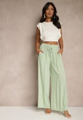 Jasnozielone Szerokie Spodnie High Waist z Gumką w Talii Ilnena. Zielone jeansy Renee, na lato, bez wzorów, z jeansu, biznesowe, z podwyższonym stanem. W wyprzedaży za 75.99 zł.
