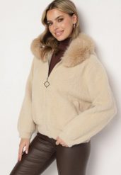 Beżowa Rozpinana Bluza z Wiskozą Wełną i Futerkiem Tesalttia. Brązowe bluzy Born2be, l, z aplikacjami, z jeansu, bez kaptura. W wyprzedaży za 208.24 zł.