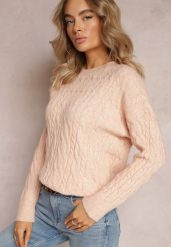 Jasnopomarańczowy Sweter z Okrągłym Dekoltem i Splotem w Warkocze Dawnitta. Brązowe swetry Renee, bez wzorów, z dzianiny, casualowe, bez ramiączek. W wyprzedaży za 71.99 zł.