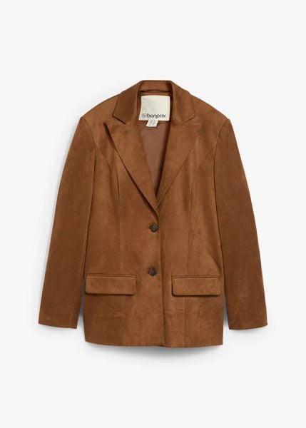 Żakiet z imitacji weluru. Brązowe marynarki i żakiety bonprix, bez wzorów, ze skóry, bez ramiączek. Za 239.99 zł.