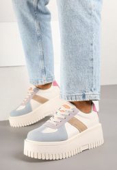Beżowo-Niebieskie Sneakersy w Stylu Tenisówek na Platformie z Tłoczeniami Firreis. Brązowe kombinezony Born2be, bez wzorów, z jeansu, casualowe, bez kołnierzyka, bez ramiączek. W wyprzedaży za 93.49 zł.