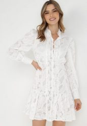 Biała Sukienka Harmite. Białe sukienki Born2be, m, w ażurowe wzory, z tkaniny, bez kołnierzyka, bez ramiączek, mini, koszulowe. Za 279.99 zł.