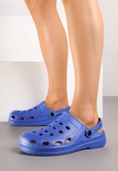 Niebieskie Klapki z Ażurową Cholewką Lumacine. Niebieskie klapki Born2be, w ażurowe wzory, klasyczne, z okrągłym noskiem, bez obcasa, na płaskiej podeszwie, bez zapięcia. W wyprzedaży za 29.74 zł.