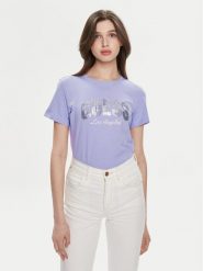 Guess T-Shirt Ss Rn Sequins Logo T W4GI31 I3Z14 Fioletowy Regular Fit. Fioletowe t-shirty Guess, xs, z aplikacjami, z bawełny, bez kołnierzyka, bez ramiączek. Za 259.99 zł.
