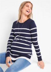 Lekki sweter 2 w 1 na okres ciąży i do karmienia. Niebieskie swetry bonprix, bez wzorów, moda ciążowa, bez ramiączek. Za 127.99 zł.