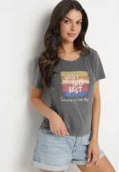 Ciemnoszary Bawełniany T-shirt Ozdobiony Nadrukiem Alonera. Szare t-shirty Born2be, l, bez wzorów, z bawełny, bez kołnierzyka, bez ramiączek. W wyprzedaży za 38.24 zł.