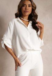 Biała Koszula z Kołnierzem i Długimi Rękawami na Guzik Henvia. Białe koszule Renee, plus size, bez wzorów, bez kołnierzyka, plus size, bez ramiączek. W wyprzedaży za 55.99 zł.