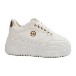 Sneakersy Buty Sportowe Damskie Ocieplane Na Masywnej Podeszwie Białe Ardiela. Białe buty treningowe bez wzorów, ze skóry, bez zapięcia. Za 205.59 zł.