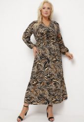 Czarno-Brązowa Sukienka Maxi w Abstrakcyjny Print Wiązana w Pasie Elennora. Czarne sukienki Born2be, l, bez wzorów, bez kołnierzyka, bez ramiączek, maxi. W wyprzedaży za 93.49 zł.