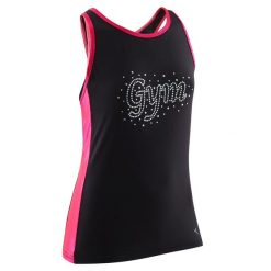 Top do gimnastyki sportowej damski Domyos 500. Czarne topy DOMYOS, bez wzorów, z elastanu, eleganckie, bez kołnierzyka, bez ramiączek. W wyprzedaży za 39.99 zł.