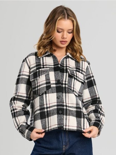 Kurtka koszulowa w kratę - czarny. Czarne kurtki Sinsay, l, bez wzorów, bez kaptura. W wyprzedaży za 33.99 zł.