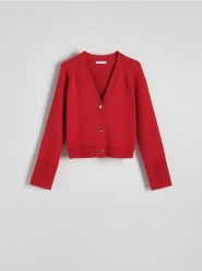 Bawełniany kardigan z guzikami - czerwony. Czerwone swetry Reserved, l, bez wzorów, z bawełny, bez ramiączek. W wyprzedaży za 89.99 zł.