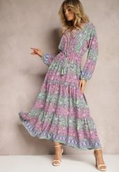 Różowa Sukienka z Dekoltem w V o Rozkloszowanym Fasonie w Print Paisley Akka. Czerwone sukienki Renee, na co dzień, l, bez wzorów, z zamszu, eleganckie, bez kołnierzyka, bez ramiączek, maxi, rozkloszowane. W wyprzedaży za 59.99 zł.
