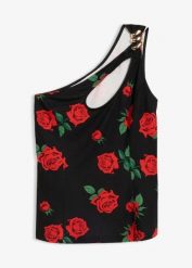 Top na jedno ramię z biżuteryjną ozdobą. Czarne topy bonprix, z aplikacjami, eleganckie, bez kołnierzyka, bez ramiączek. Za 24.99 zł.