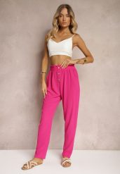Fuksjowe Spodnie Typu Paper Bag High Waist z Gumką w Talii Salvavia. Czerwone jeansy Renee, na lato, l, bez wzorów, z jeansu, z podwyższonym stanem. W wyprzedaży za 29.99 zł.
