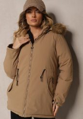 Ciemnobeżowa Kurtka w Stylu Parka ze Ściągaczami w Talii i Odpinanym Kapturem z Futerkiem Fezirra. Brązowe kurtki Renee, l, bez wzorów, z jeansu, eleganckie. W wyprzedaży za 263.99 zł.
