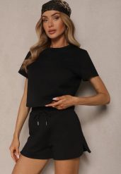 Czarne Dresowe Szorty z Bawełny z Kieszeniami Galierania. Czarne szorty Renee, bez wzorów, z bawełny, eleganckie. W wyprzedaży za 55.99 zł.