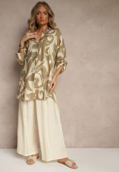Jasnobeżowy Komplet z Wiskozą Spodnie i Koszula z Geometrycznym Wzorem Lirare. Brązowe koszule Renee, l, z aplikacjami, z wiskozy, eleganckie, bez kołnierzyka, bez ramiączek. Za 129.99 zł.