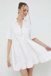 Tommy Jeans sukienka bawełniana kolor biały mini rozkloszowana. Białe sukienki Tommy Jeans, l, z aplikacjami, z bawełny, bez kołnierzyka, bez ramiączek, mini, rozkloszowane. Za 489.99 zł.