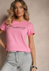Różowy T-shirt z Bawełny z Napisem Zelreti. Czerwone t-shirty Renee, m, bez wzorów, z bawełny, eleganckie, bez kołnierzyka, bez ramiączek. W wyprzedaży za 39.99 zł.