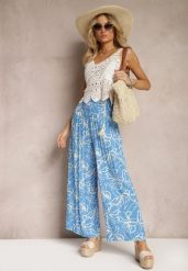 Niebieskie Spodnie Szerokie z Wiskozy High Waist w Kwiatowy Print Tepolla. Niebieskie jeansy Renee, na lato, l, bez wzorów, z jeansu, z podwyższonym stanem. W wyprzedaży za 39.99 zł.