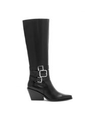 Eva Minge Kozaki CAREI-111347 Czarny. Czarne kozaki Eva Minge, bez wzorów, ze skóry, bez obcasa, na słupku, bez zapięcia. Za 449.99 zł.