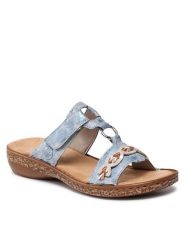 Rieker Klapki 628M8-12 Niebieski. Niebieskie klapki Rieker, bez wzorów, ze skóry, bez obcasa, bez zapięcia. Za 259.99 zł.