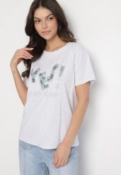 Jasnoszary T-shirt z Bawełny Ozdobiony Cekinami i Cyrkoniami Camiren. Szare t-shirty Born2be, l, z aplikacjami, z bawełny, eleganckie, bez kołnierzyka, bez ramiączek. Za 59.99 zł.