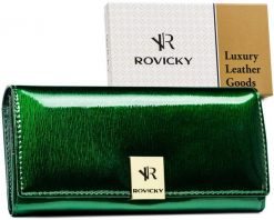Portfel lakierowany Rovicky RH-27A-1-SH zielony. Zielone portfele ROVICKY, bez wzorów, z lakierowanej skóry. Za 95.99 zł.
