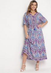 Niebiesko-Fuksjowa Sukienka Maxi z Wiskozy w Stylu Boho z Wzorem Paisley i Gumką w Pasie Naroli. Niebieskie sukienki Born2be, na spacer, l, bez wzorów, z wiskozy, boho, bez kołnierzyka, bez ramiączek, maxi. W wyprzedaży za 76.49 zł.