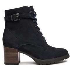 Botki Tamaris. Niebieskie botki Tamaris, bez wzorów, bez obcasa, na słupku, bez zapięcia. Za 359.99 zł.