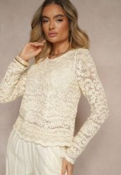Beżowa Bawełniana Ażurowa Bluzka Clarisae. Brązowe bluzki Renee, l, w ażurowe wzory, z bawełny, eleganckie, bez kołnierzyka, bez ramiączek. W wyprzedaży za 111.99 zł.